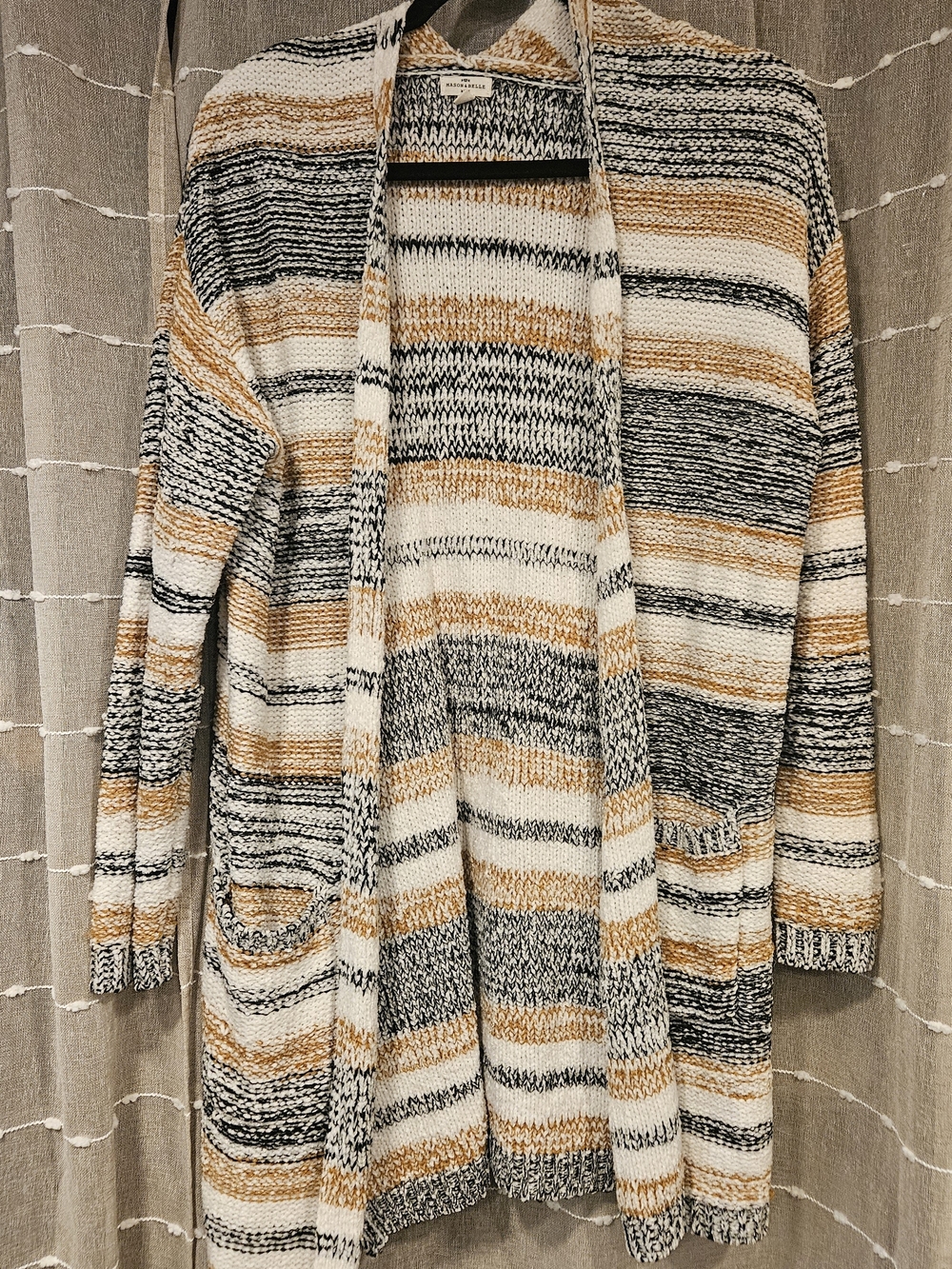 Open-Front Striped Cardigan Sweater in White, Black & Tan